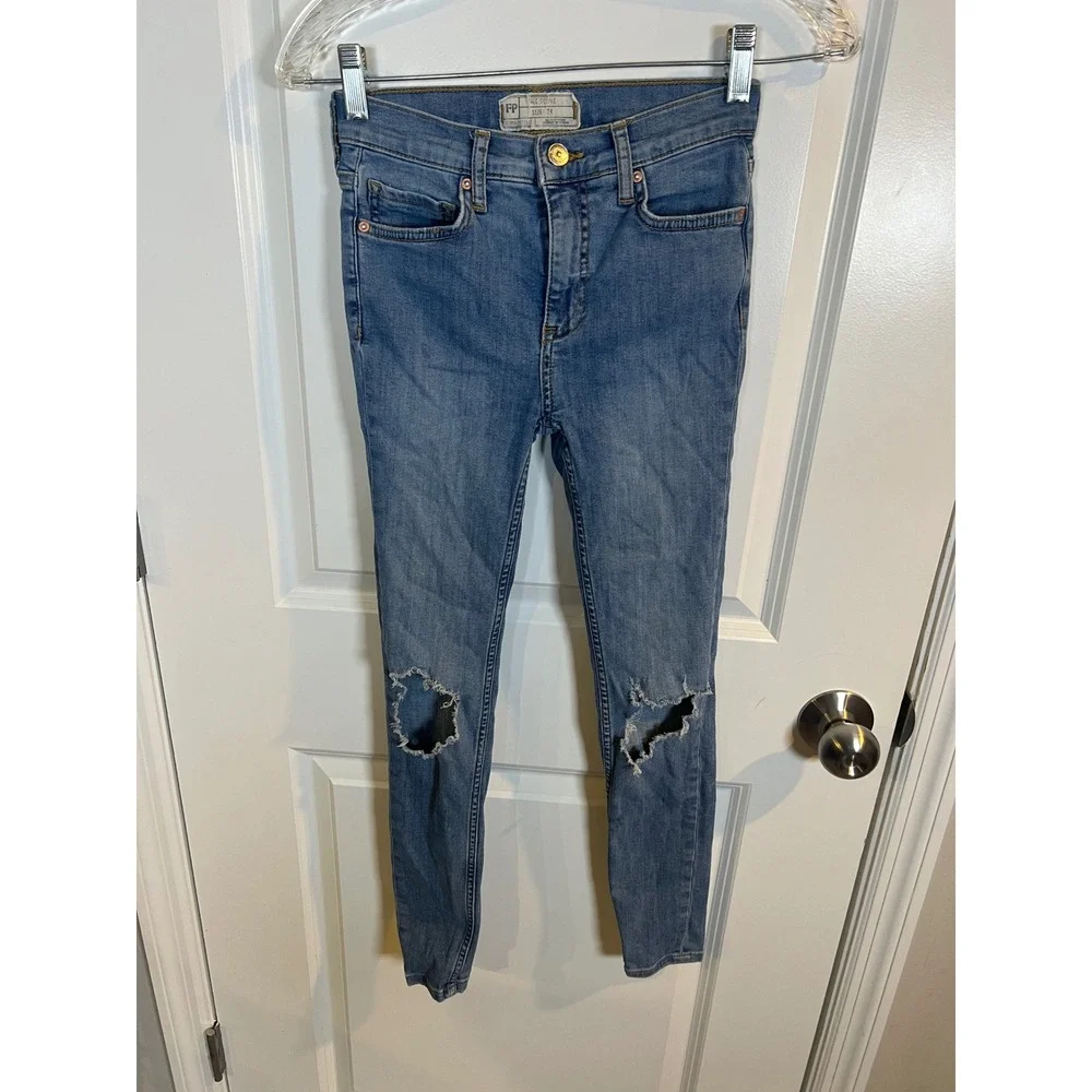 Free People Womens Skinny Jeans Distressed Knee Blue Size 24